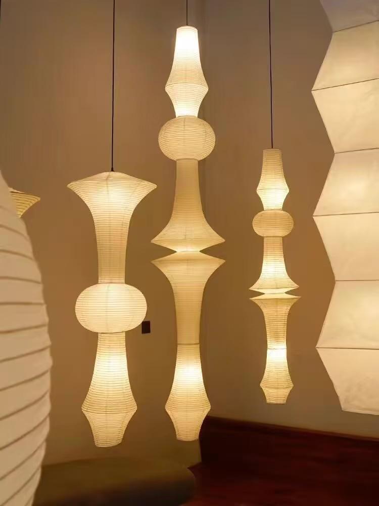 Japanese Wabi-sabi Style Isamu Noguchi Xuan Paper Long Vintage Chandelier for Aisles, Staircases, and Loft Window Displays.
