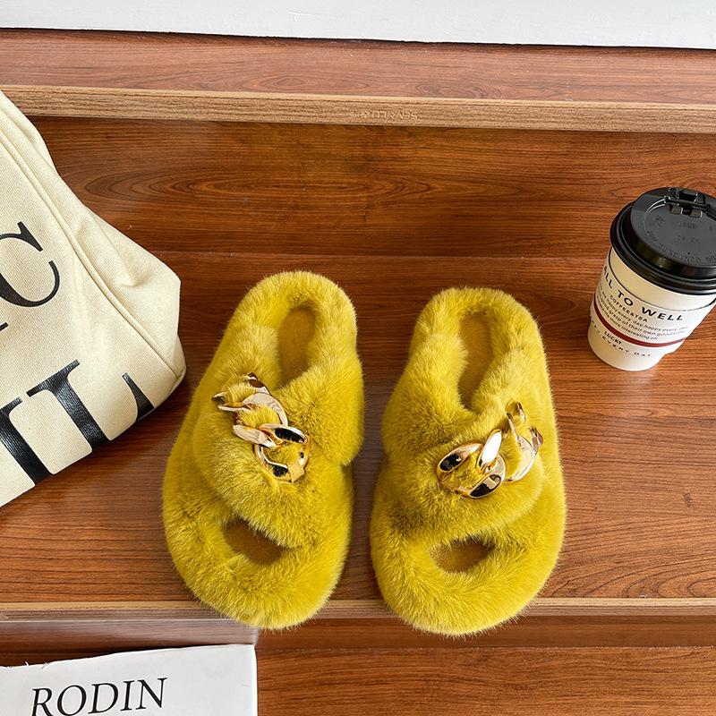 European goods heightened thick-soled fluffy slippers women wear high-end explosion spring and autumn chain Internet celebrity cross plush slippers