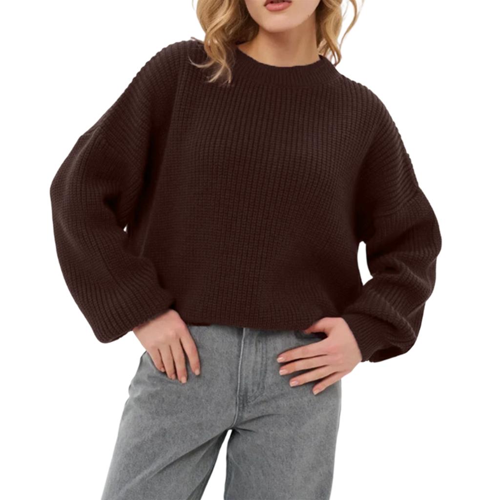 Women's Loose Solid Color Short Round Neck Pullover Long Sleeve Knit