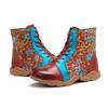 Johnature Damen-Stiefeletten im Ethno-Stil, handgefertigt, aus echtem Leder, mit Kontrastdruck, zum Schnüren, flache Schuhe, kurze Stiefel