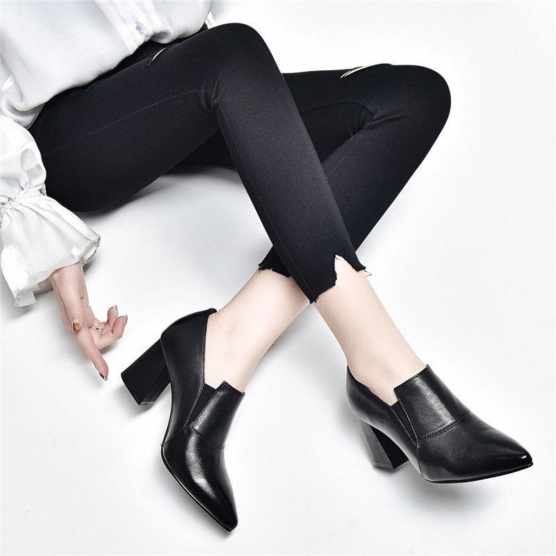 Pointed Thick Heel Single Shoes Women's Spring 2025 New Deep Mouth High Heel Comfortable Simple Versatile Foreign Style Small Leather Shoes Single