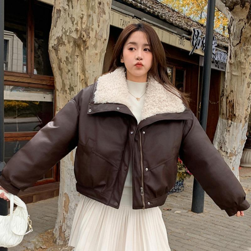 New cotton-padded clothes women's short lamb wool large lapel cotton clothes women's jackets winter college style small men wear outside