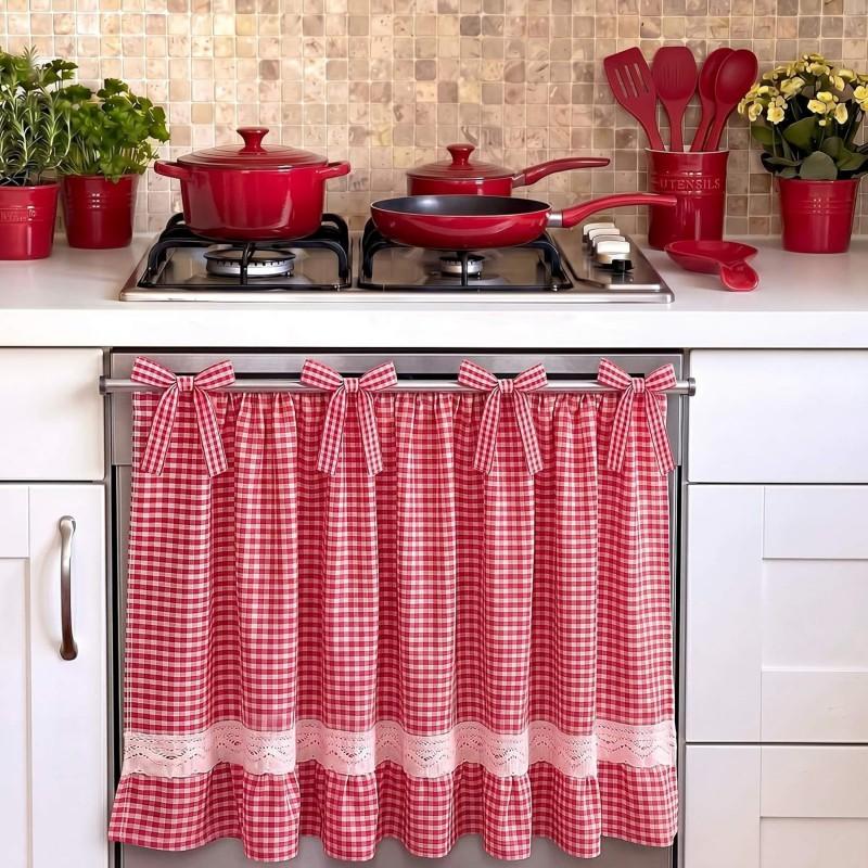 Cotton Blend Gingham Oven Curtain With Ruffled Lace Trim Farmhouse Kitchen Decor 75x55cm