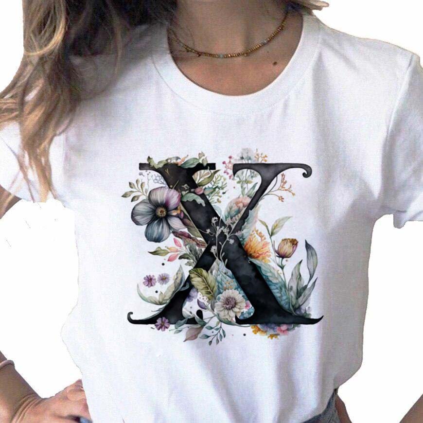 New Women T Shirt Custom Name Letter Combination Print Tshirt Flower Letter Font A B C D E F G Short Sleeve Female Tees Tops
