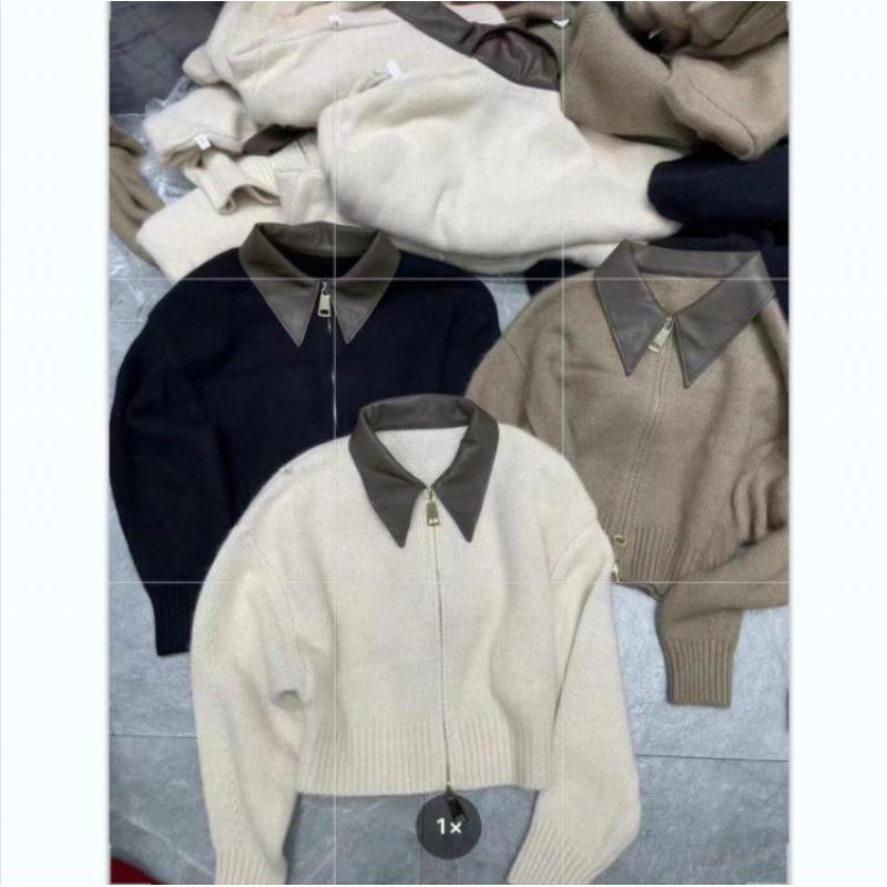 Evropský kožený svetr na zip s polo límečkem 2023: Podzimní/zimní pletený kardigan pro ženy