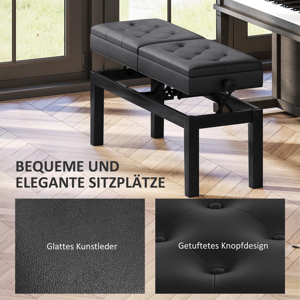 Piano Bench, Piano Stool, Faux Leather, Adjustable Double Seat, Storage, Black