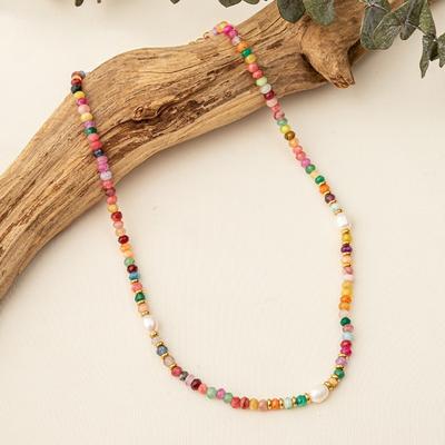 GEMCHIC Women's Colorful Natural Stone Beaded Necklace Vintage Bohemian Style Titanium Steel Choker