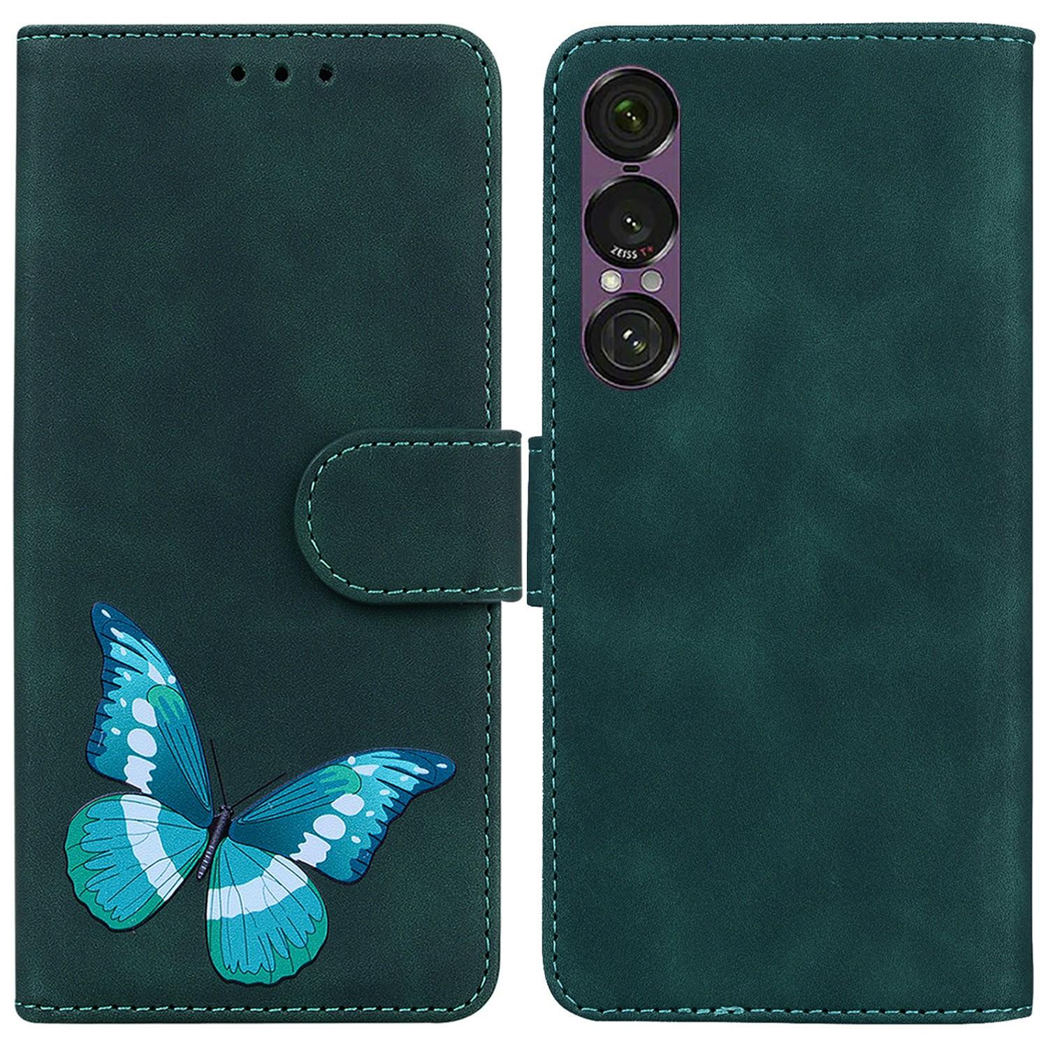 

For Sony Xperia 1 VII Stand Case PU Leather Phone Cover Butterfly Printed Green