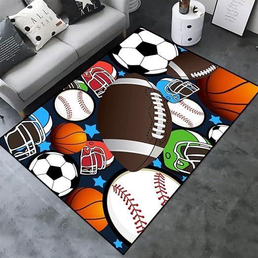 Multi-Sport Pattern Area Rug with Colorful Game Tiles Non-Slip Playroom Carpet for Sports Fans Floor Mat for Kids Room Decor
