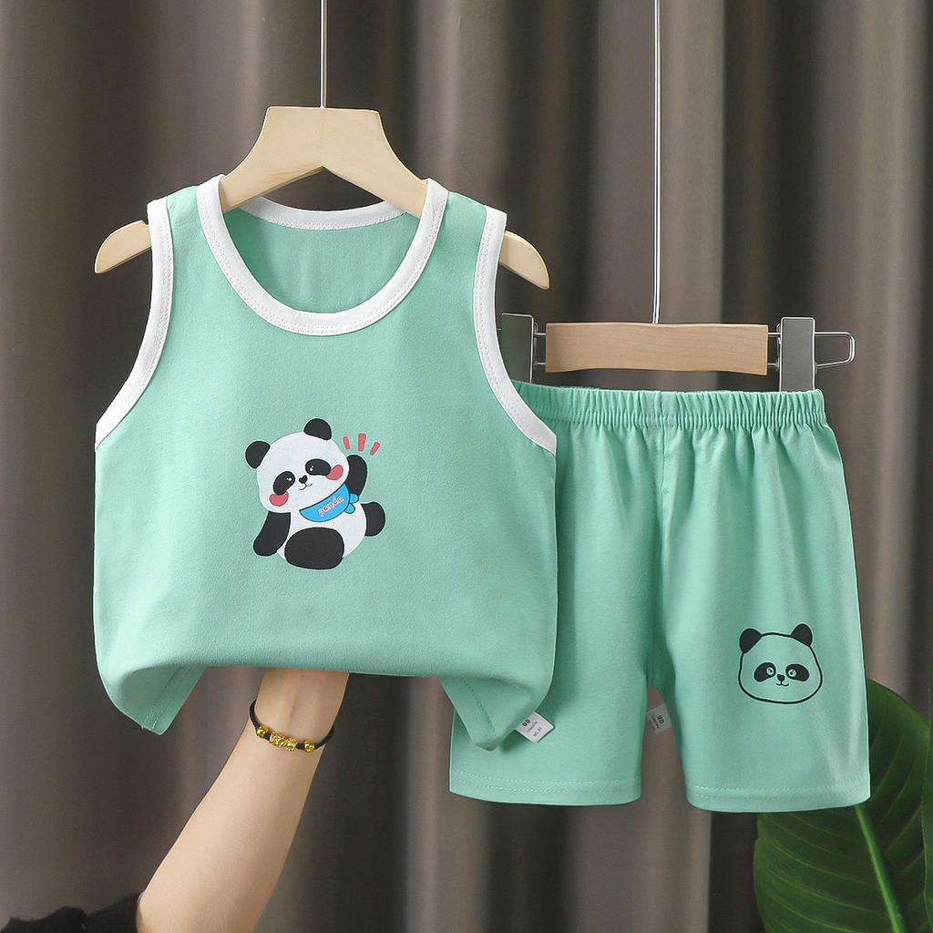 Summer Kids Non Sleeve O Neck Vest Pants Set Casual Baggy 2pcs Suit Cotton Cartoon Printes Outfit