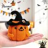 Hand Crocheted Seasonal Gift Handmade Crochet Positive Pumpkin with Witch Hat, Fall Boo Basket Stuffer, Woolen Ornament Mini Knitted Plush Figurine,