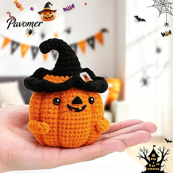 Hand Crocheted Seasonal Gift Handmade Crochet Positive Pumpkin with Witch Hat, Fall Boo Basket Stuffer, Woolen Ornament Mini Knitted Plush Figurine,