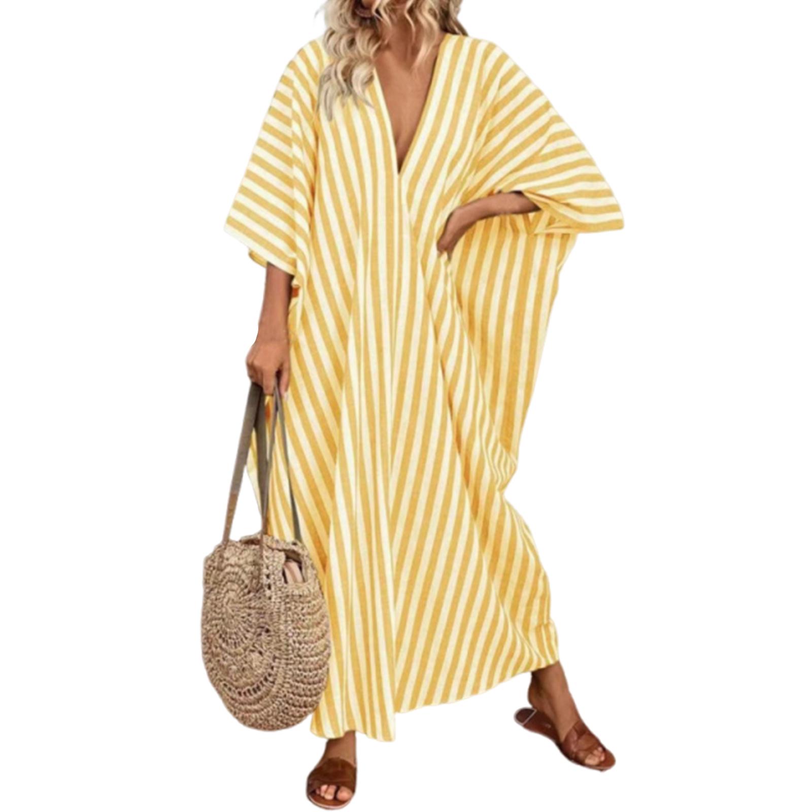 

Women s Fashionable Loose Casual V-neck Striped Long Resort Dress XXL