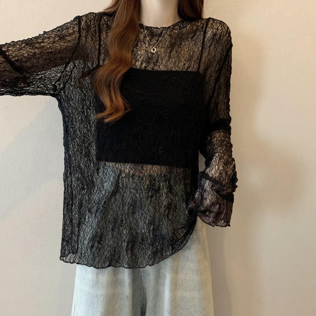 Black Thin Slightly Transparent Lace Shirt Long Sleeved T-shirt Women's Summer Plus Size Medium Long Outer Cover Top