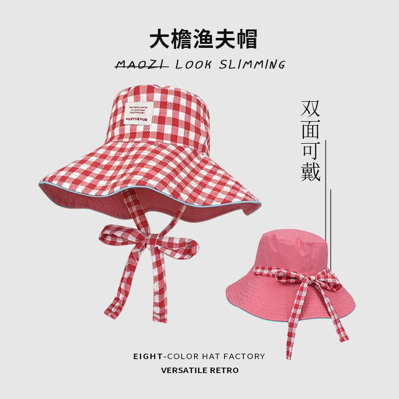 

Thousand bird grid bucket hat female spring and summer wear two sides of the big brim washbasin hat travel beach climbing hat