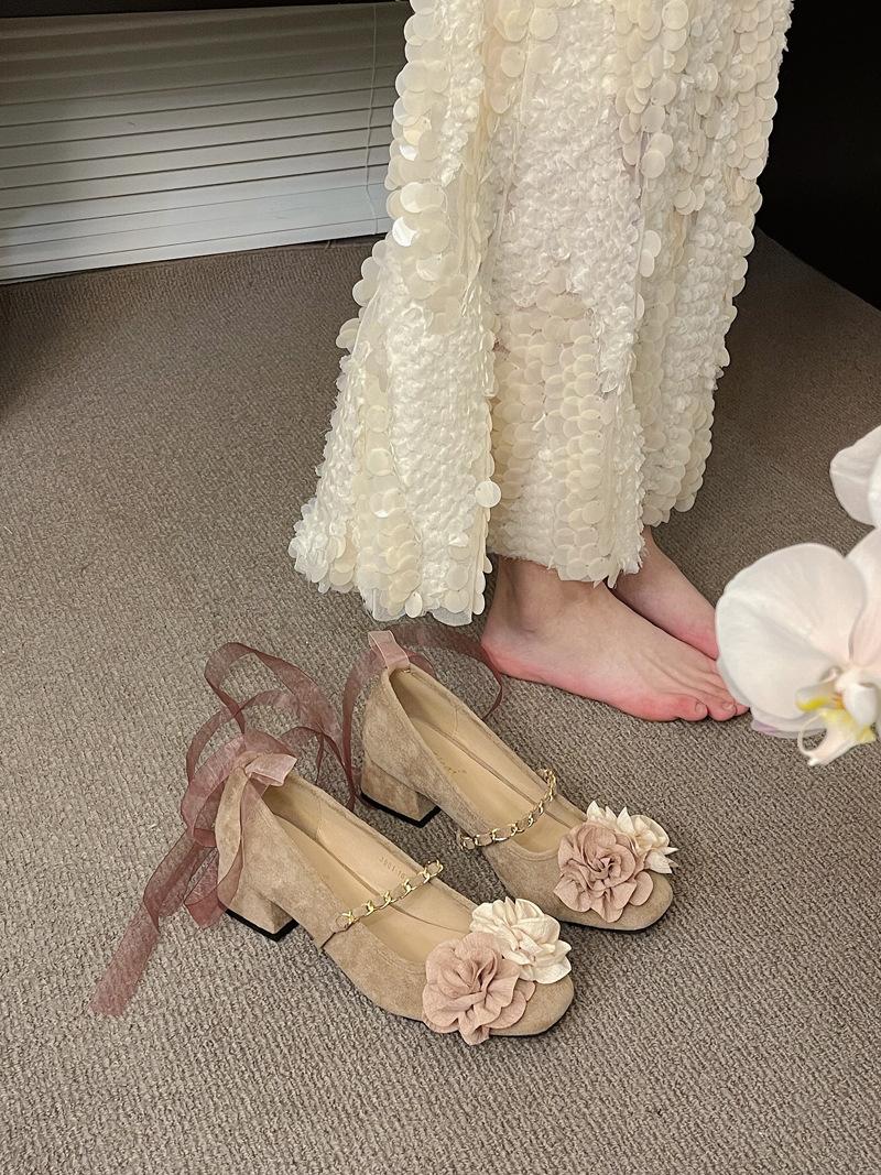 

New Chinese Light Mouth Single Shoes Women S Middle Heel Spring And Autumn Retro Suede Gentle Fairy Style French Temperament Thick Heel Mary Jane 35 абрикосовый