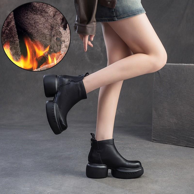 Johnature Plush Warm Thick Soled Short Boots Genuine Leather Round Toe Versatile Comfortable Women's Shoes