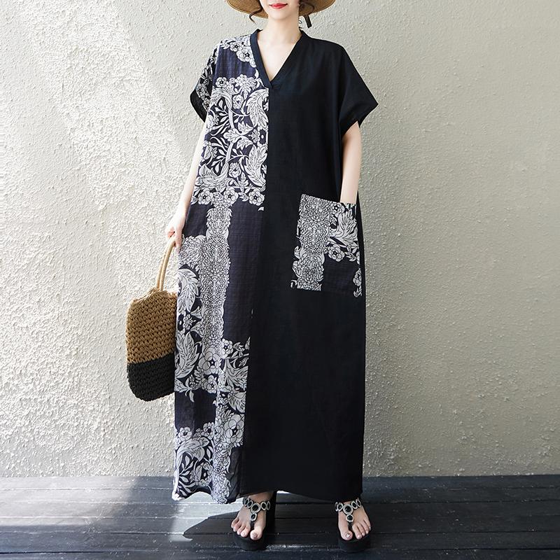 DIMANAF 2025 Summer Plus Size Dress Women Casual O-Neck Vintage Shirt Dress Loose Basic Printing Dress