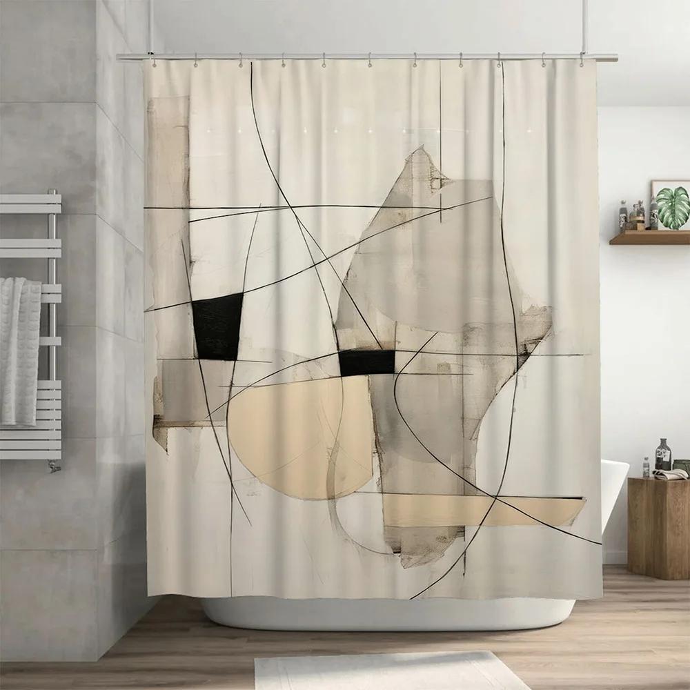 Modern Abstract Black White Shower Curtain for Bathroom Decor, Stylish Geometric Pattern Waterproof Fabric Interior Design