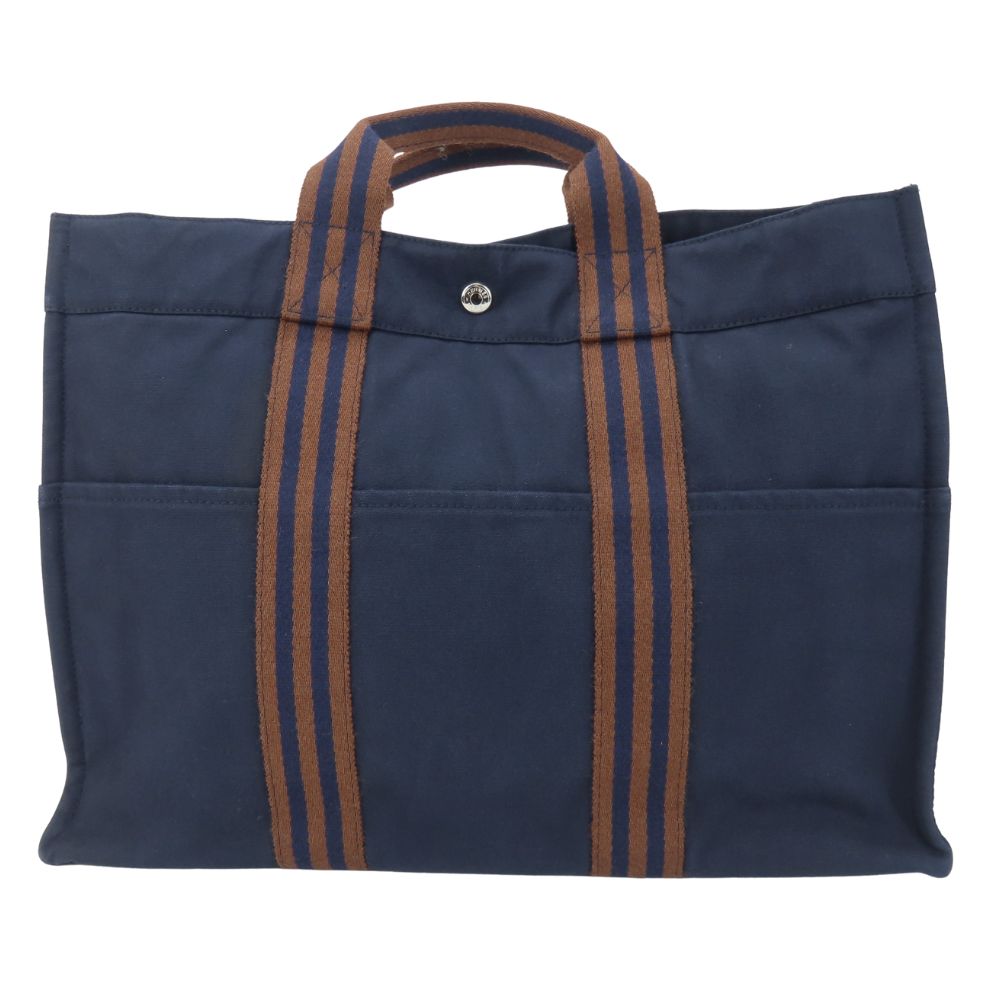 Used HERMES Tote Bag Fool ToeMM Cotton Canvas Navy Brown Business