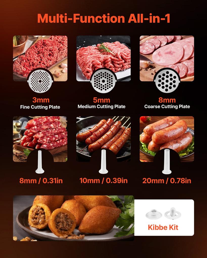 Electric Meat Grinder, 2.3 kg/Min Capacity, #8 Meat Mincer with 3 Grinding Plates, 3 Sausage Stuffing Tubes & Kubbe Kit, 700W/0.77HP Sausage Stuffer
