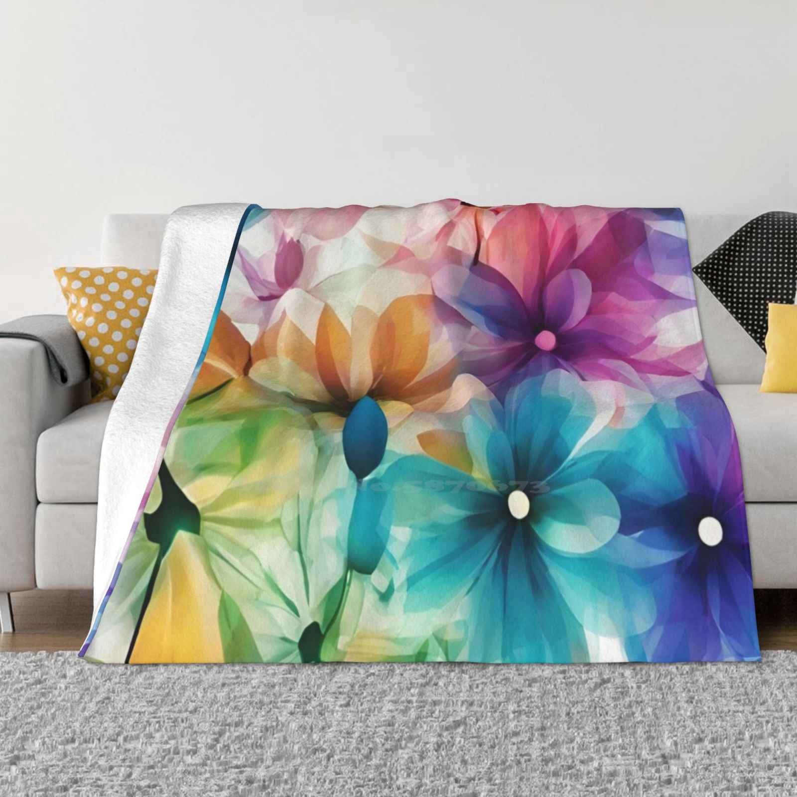 Beautiful Flowers Abstract Pattern Soft Warm Light Thin Blanket Abstract Blooms Petals Orange Blue Yellow Purple Green Colour 30x40in