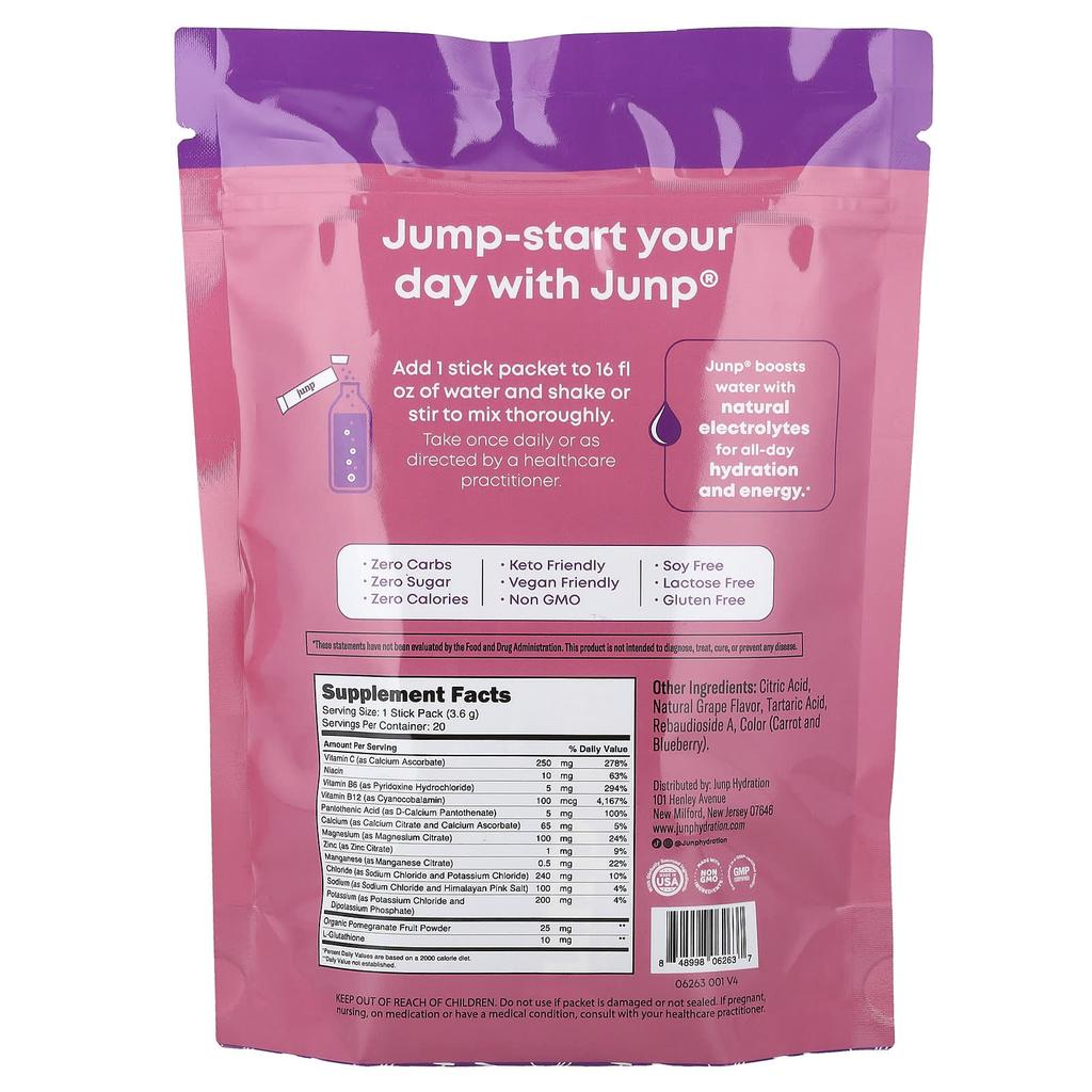 JUNP Hydration Electrolyte Powder Mix, Grape, 20 Stick Packs, 3.6g (0.13oz) Each