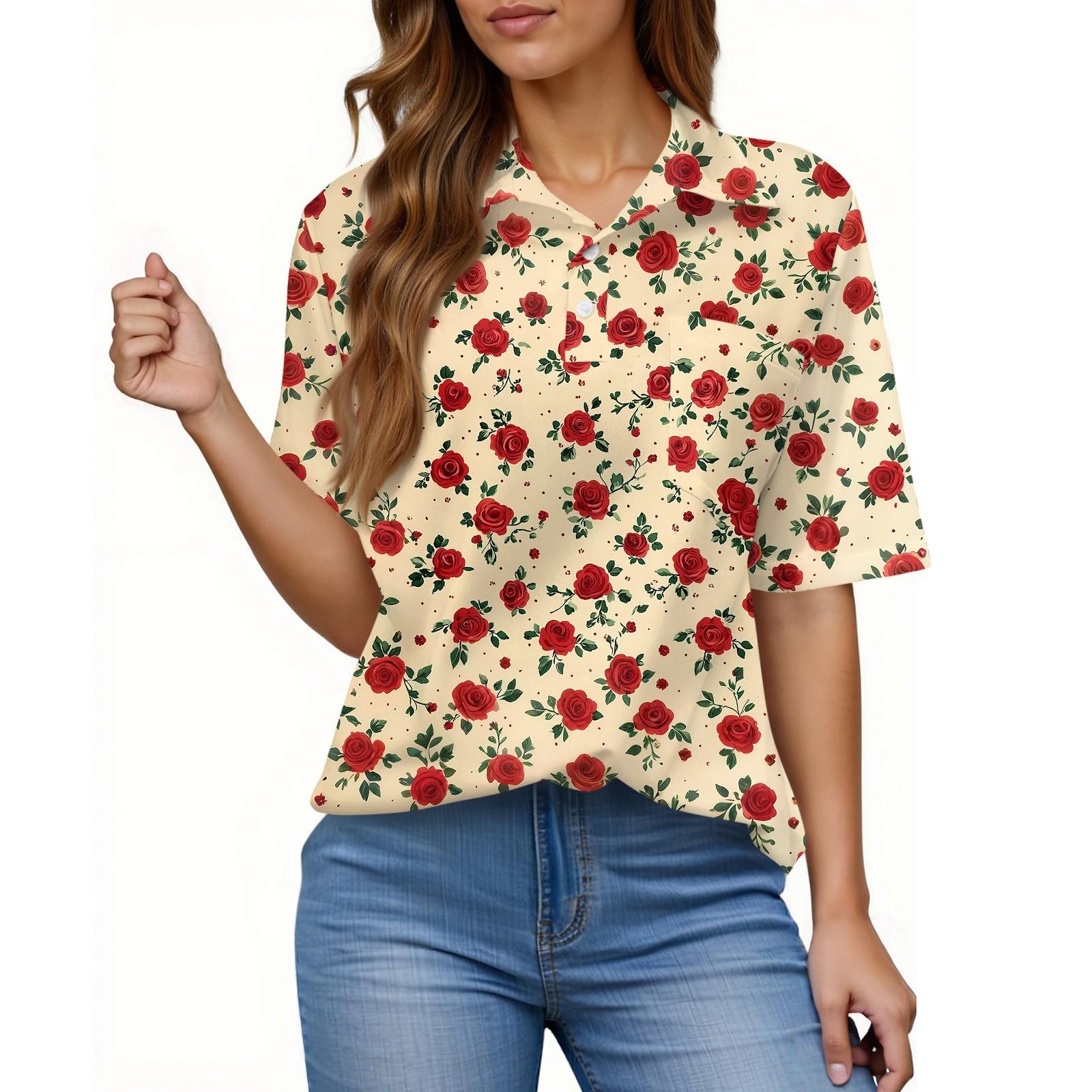 Women s Fashion Casual Button Pocket Shirt Short Sleeve Print Lapel Top M хаки