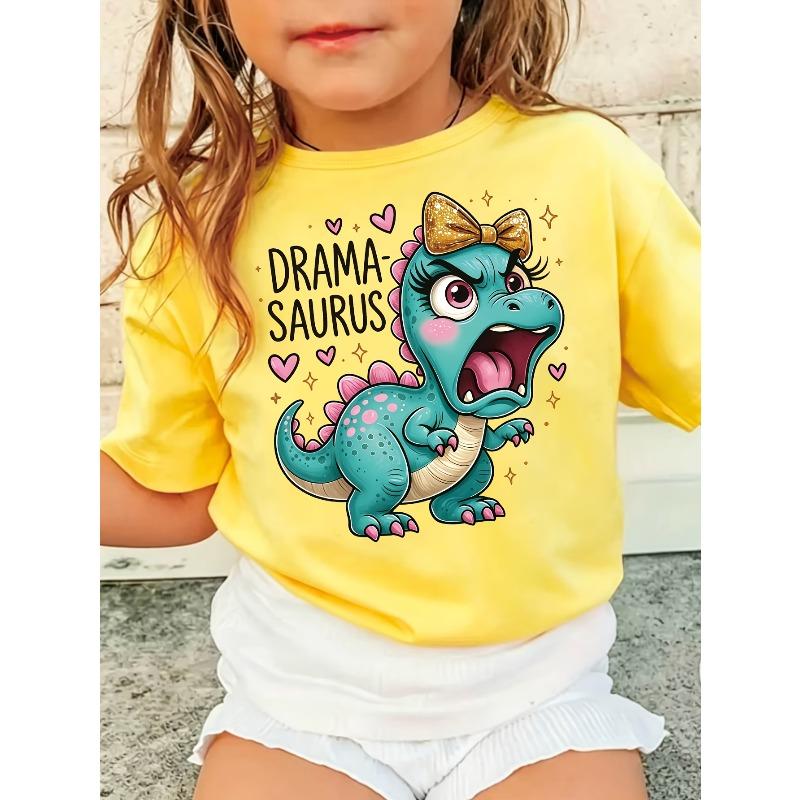 Girls Crewneck Short Sleeve T-Shirt, Summer Dinosaur & "drama" Letter Print, Trendy Versatile Casual Kids Top