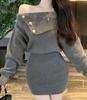 Koreansk stil mini strikket ett stykke kjole kvinner skråhals langermet grå kjoler vintage høst vestidos