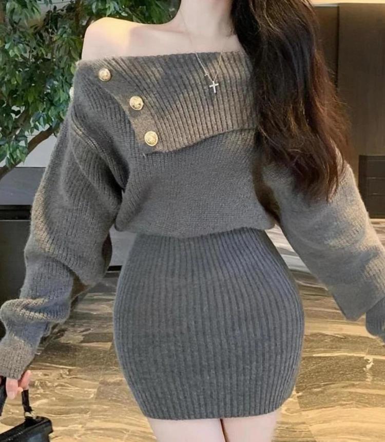 Koreansk stil mini strikket ett stykke kjole kvinner skråhals langermet grå kjoler vintage høst vestidos