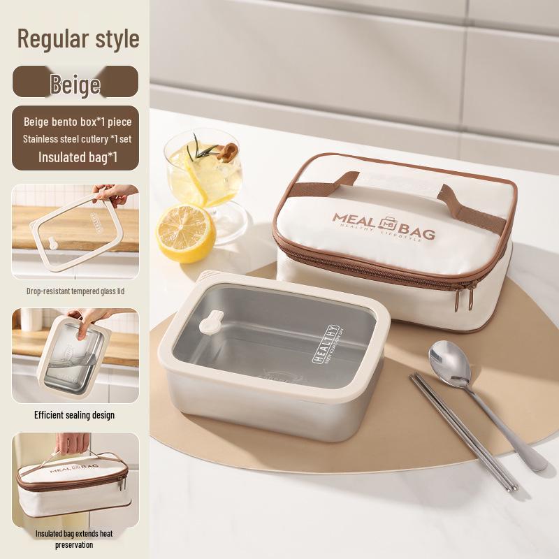 Korean Square 304 Stainless Steel Lunch Box with Airtight Glass Lid - Microwave Safe