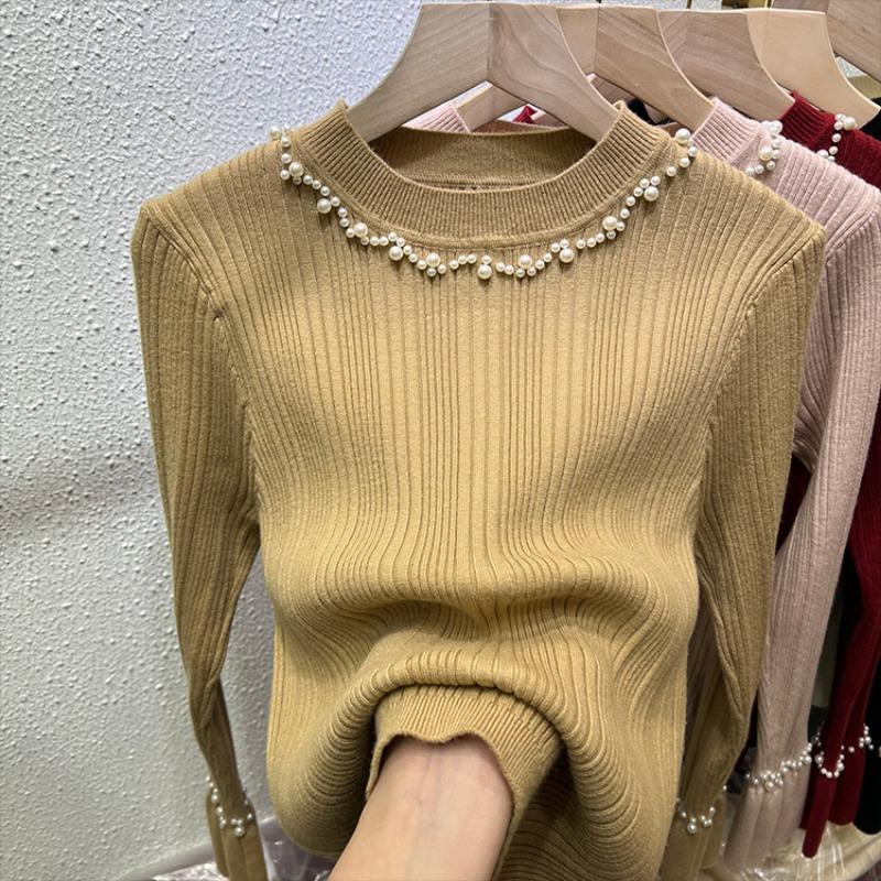 Podzimní Nový Svetr Pletený s Korálky Dlouhý Rukáv Dámský Zimní Slim Fit Základní Pulovr Svetry pro Ženy Módní Elegantní Jednobarevné Teplé Svetry Topy 24868