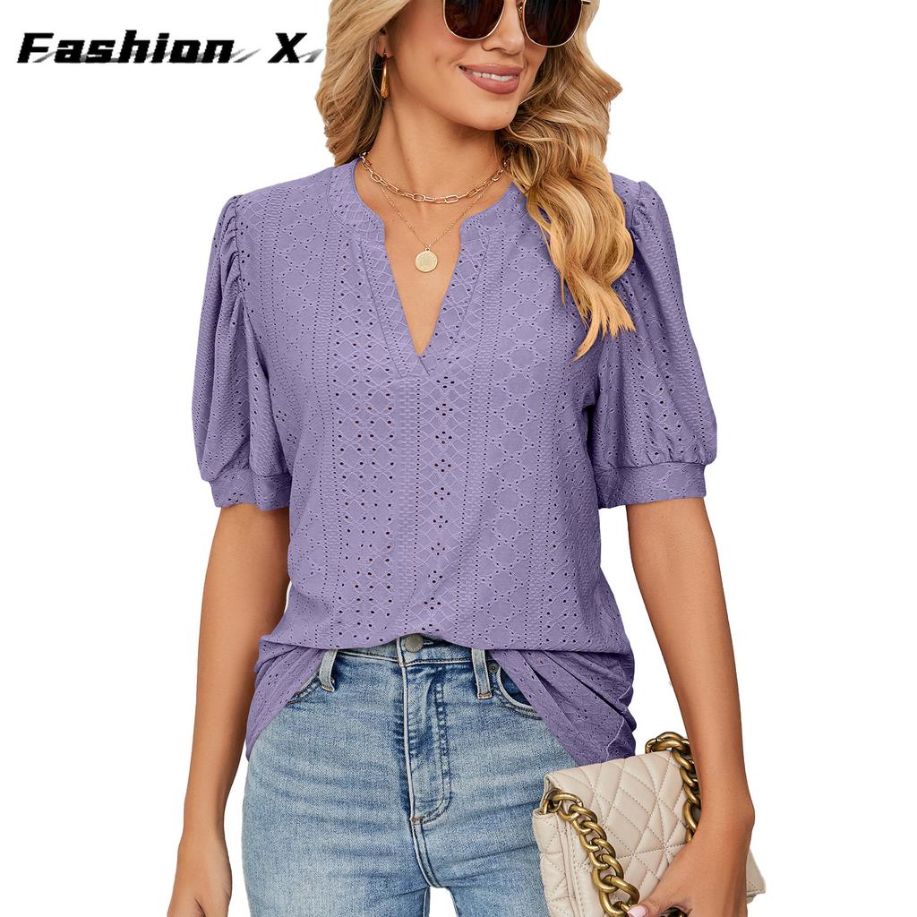 Europe and The United States 2024 Summer Casual V-neck Solid Color Hollow Bubble Sleeve Loose T-shirt Blouse Female