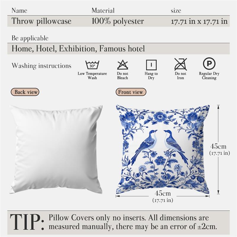 Chinese Style Pattern Throw Pillow Cases Flowers And Birds Painting Soft Cushion Cover For Home Decor Easy To Clean 17.7*17.7in