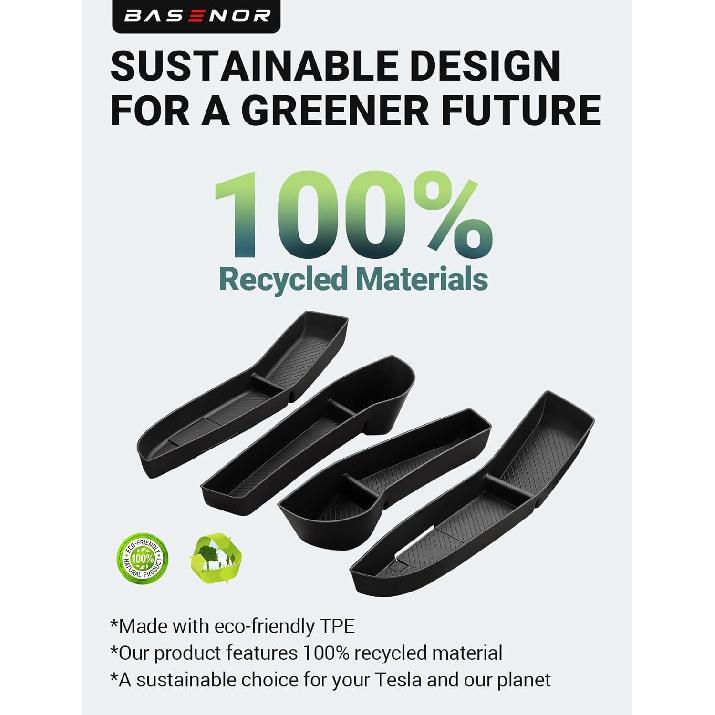 BASENOR 2026 2025 2024 Tesla Model 3 Door Side Storage Box, Door Pocket Liners, TPE Front & Rear Side Organizer Tray Protector Liner For Model 3