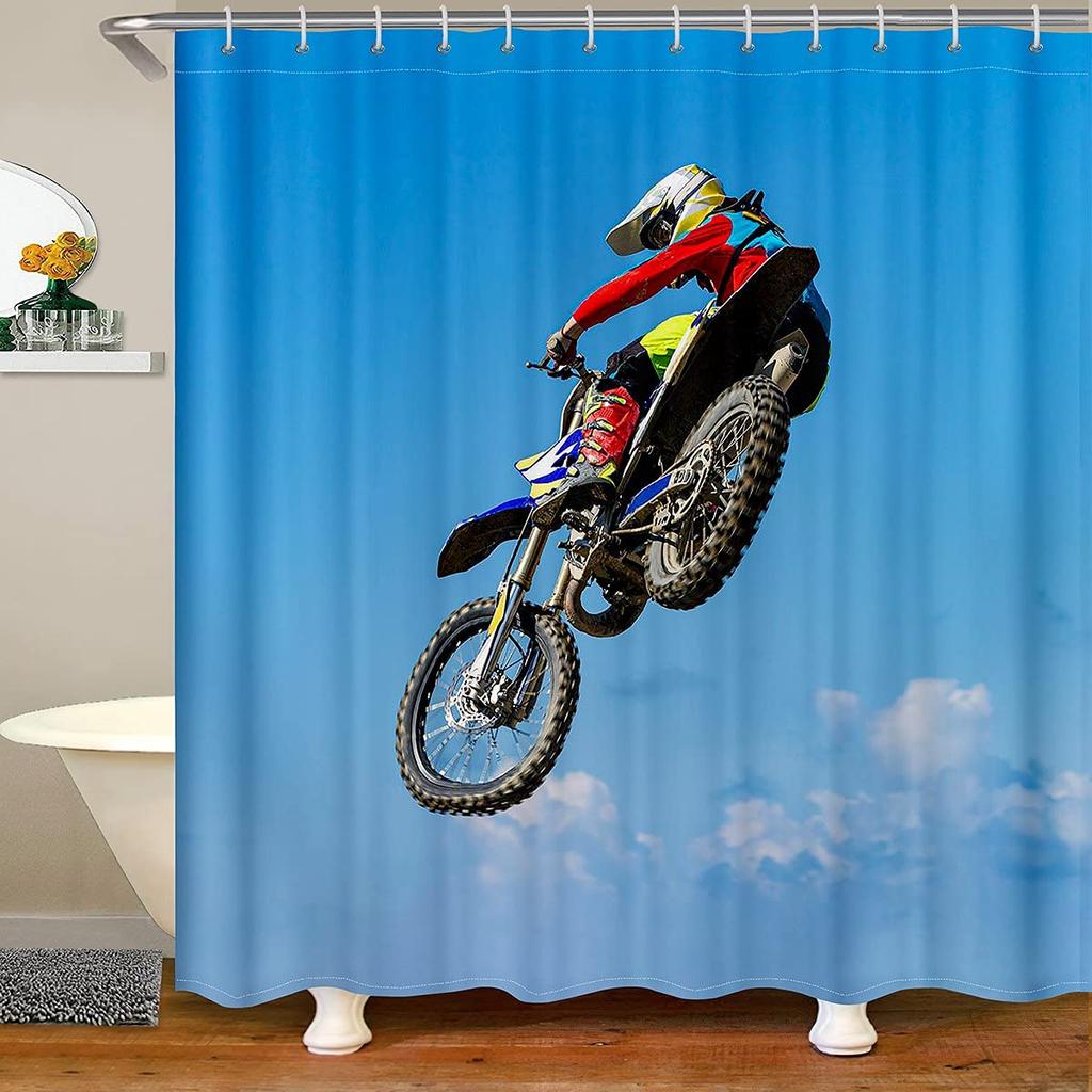 Dirt Bike Shower Curtain Boys Bathroom Bathtubs Motocross Rider Extreme Sports Bath Mountain Curtains Polyester Perfect For