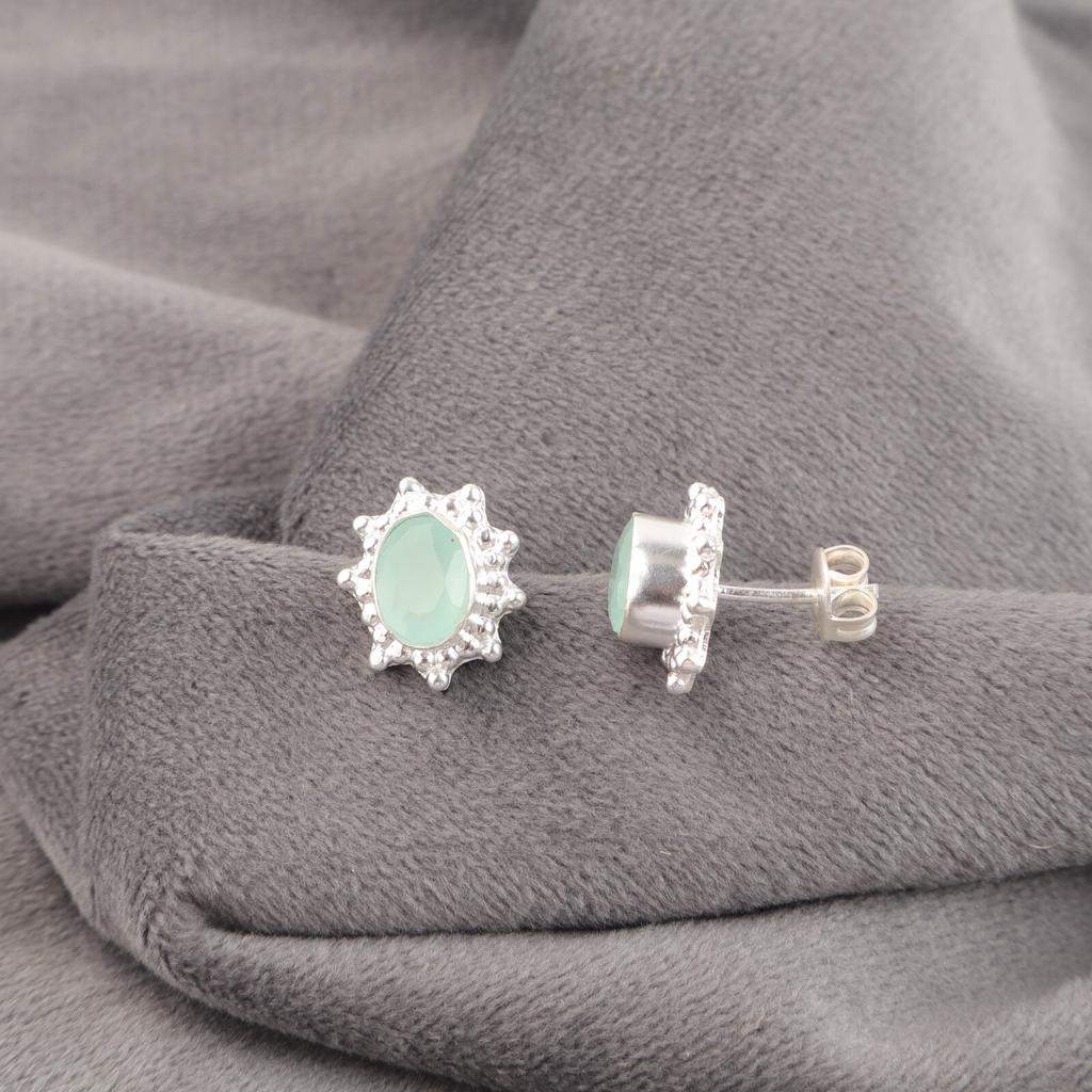 Aqua Chalcedony Gemstone 925 Sterling Silver Jewelry Handmade Earrings 0.54" EE-151-17