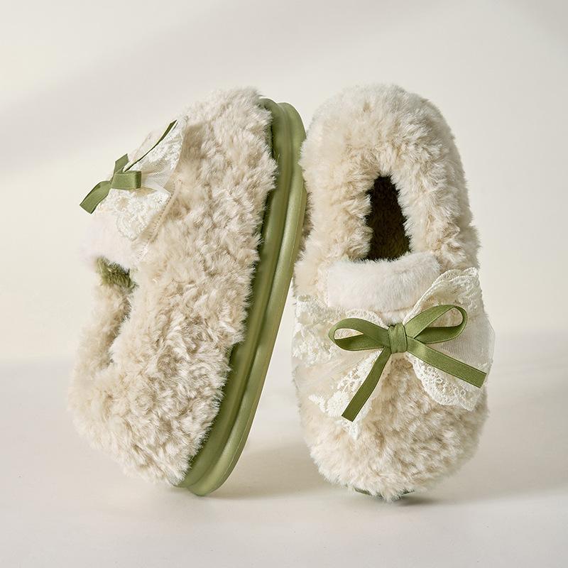 Bow cotton slippers female cute autumn and winter new home warm thick bottom ladies couple household fluffy slippers