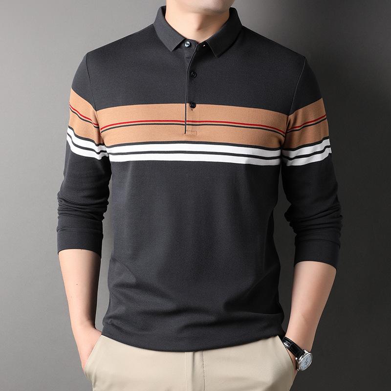 

Осенняя новая стильная мужская хлопковая рубашка поло с лацканами для молодежи и среднего возраста, модная полосатая футболка с длинными рукавами XXXL