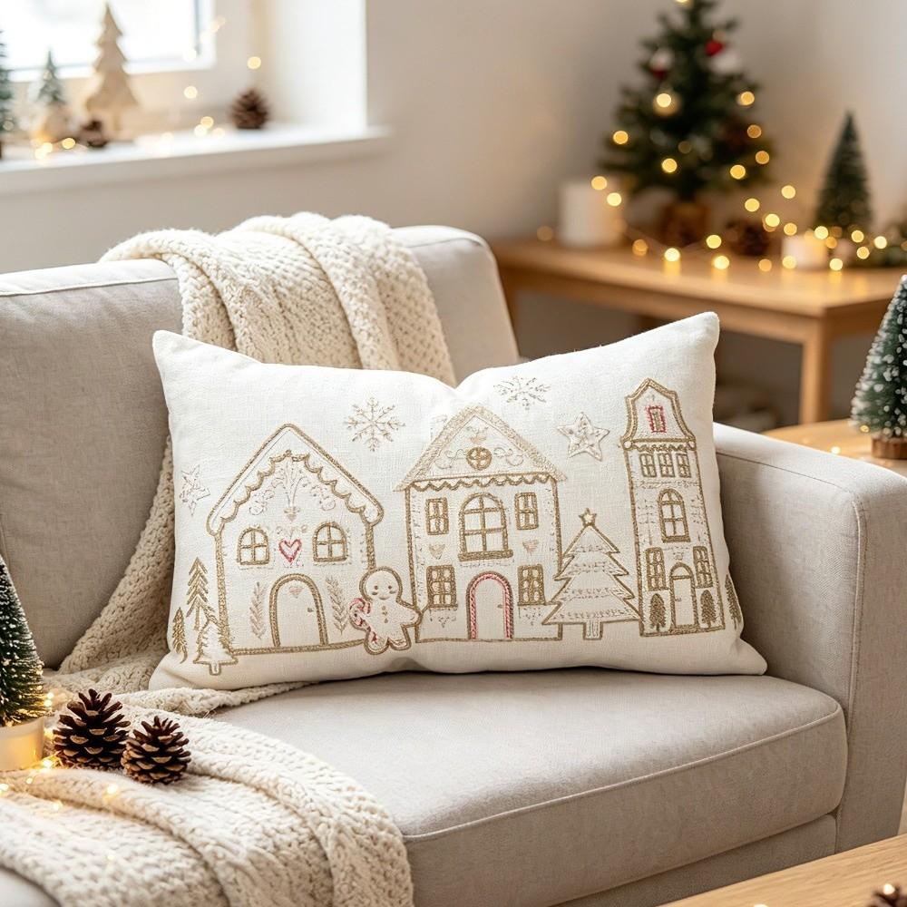 Breathable Christmas Pillowcases House Snowflake Embroidery Pillow Case  Christmas Decor