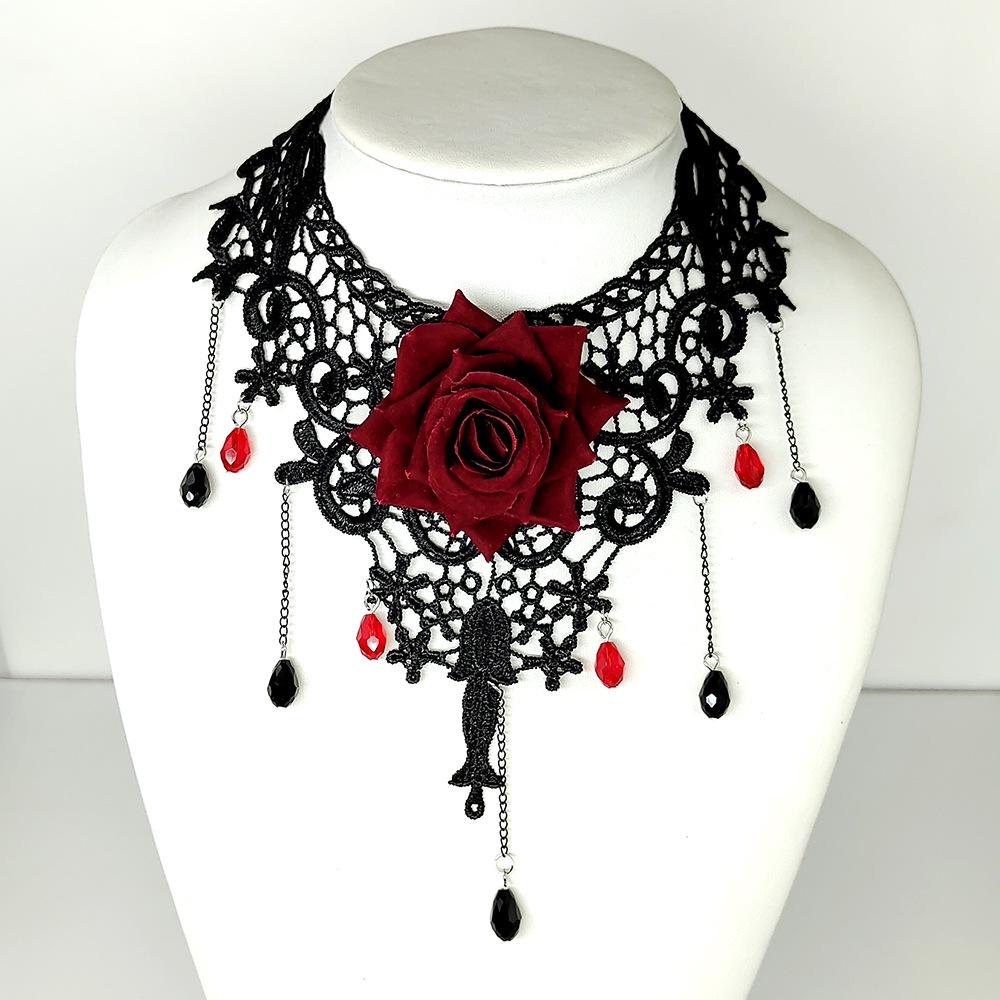 Vintage Gothic Red Lace Wrist Gloves with Rose Detail - Lolita Hand Jewelry, Free Shipping for Halloween