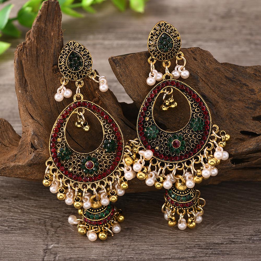 Retro Indian Alloy Rice Bead Tassel Earrings with Scenic Design