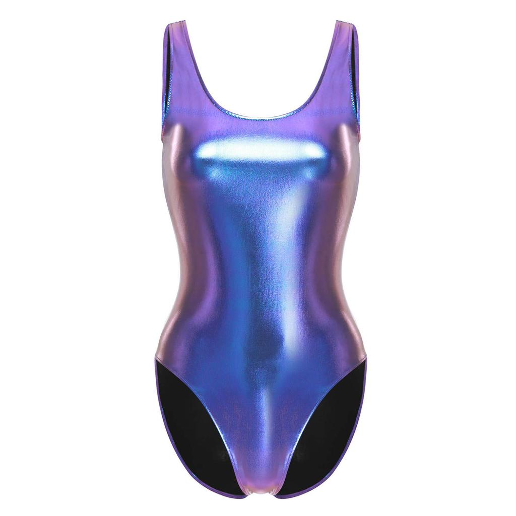 Dámské lesklé metalické body bez rukávů S-3XL - Taneční jógové gymnastické trikotové body Jumpsuit pro pódiové vystoupení Rave kostým
