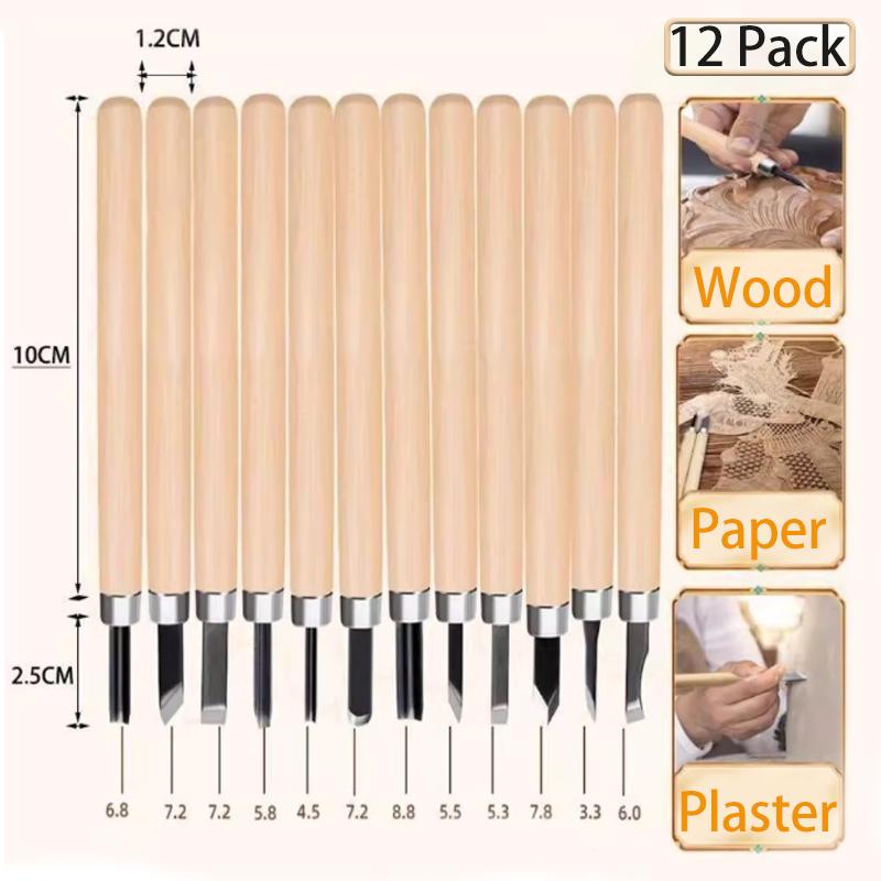 12Pcs Professional Wood Carving Chisel Knife Hand Tool Set For Basic Detailed Carving Woodworkers Gouges