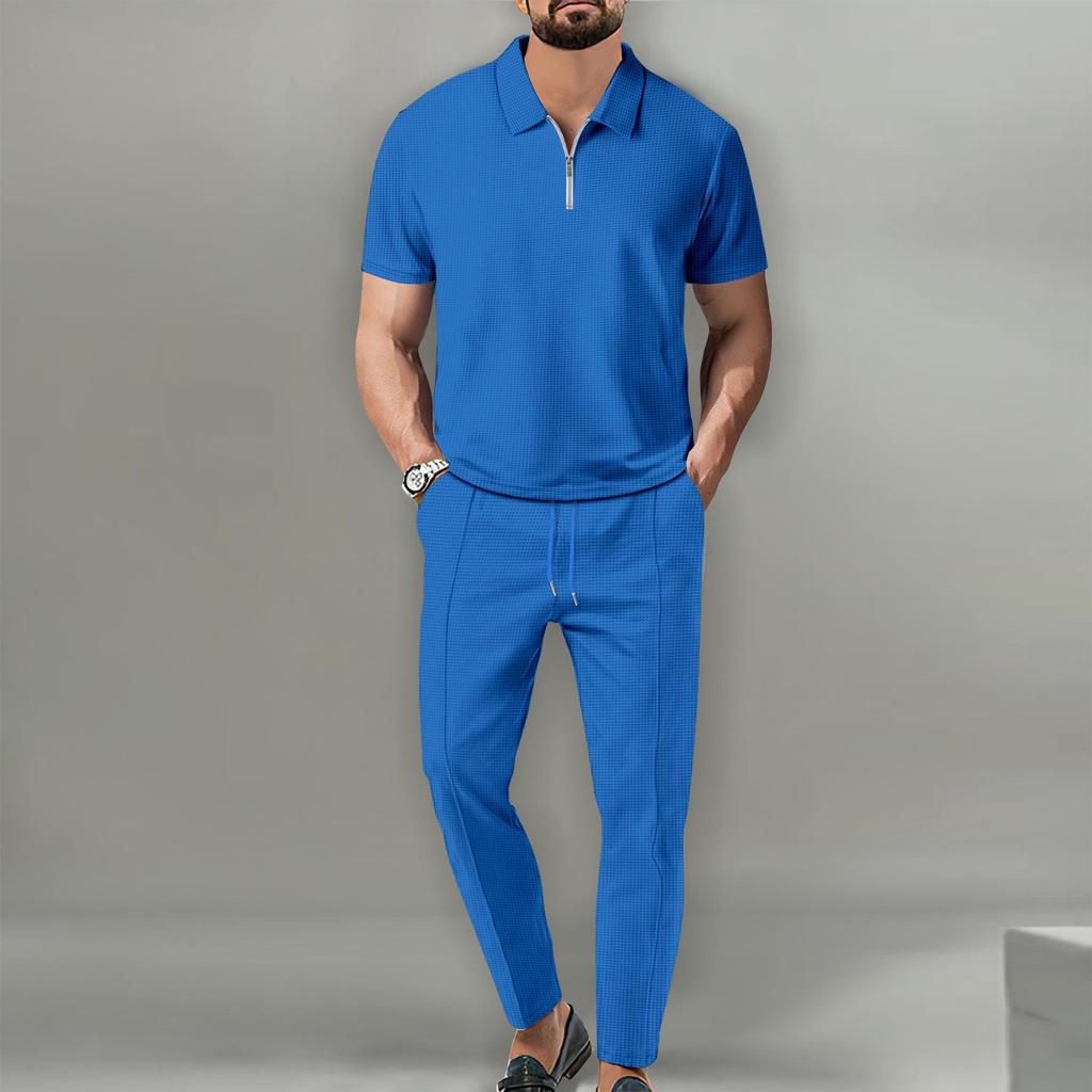 2025 Summer Men's Solid Color Waffle Knit Set with Turn-Down Collar Short Sleeve Top and Zipper Long Pants