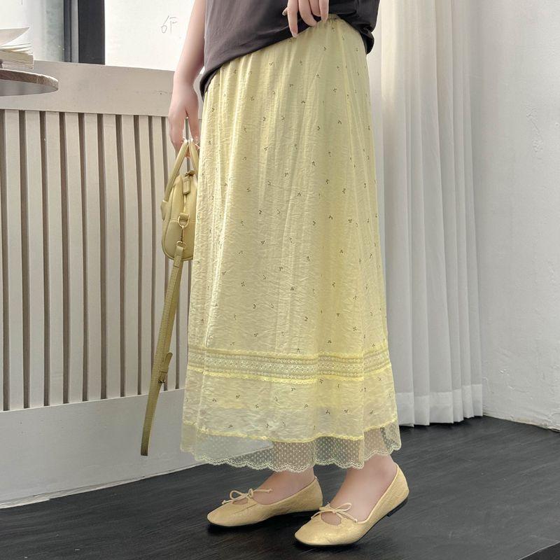 Plus size women clothing [French style Floral Skirt] Summer Lace Patchwork High Waist Slimming Mid-Length Skirts