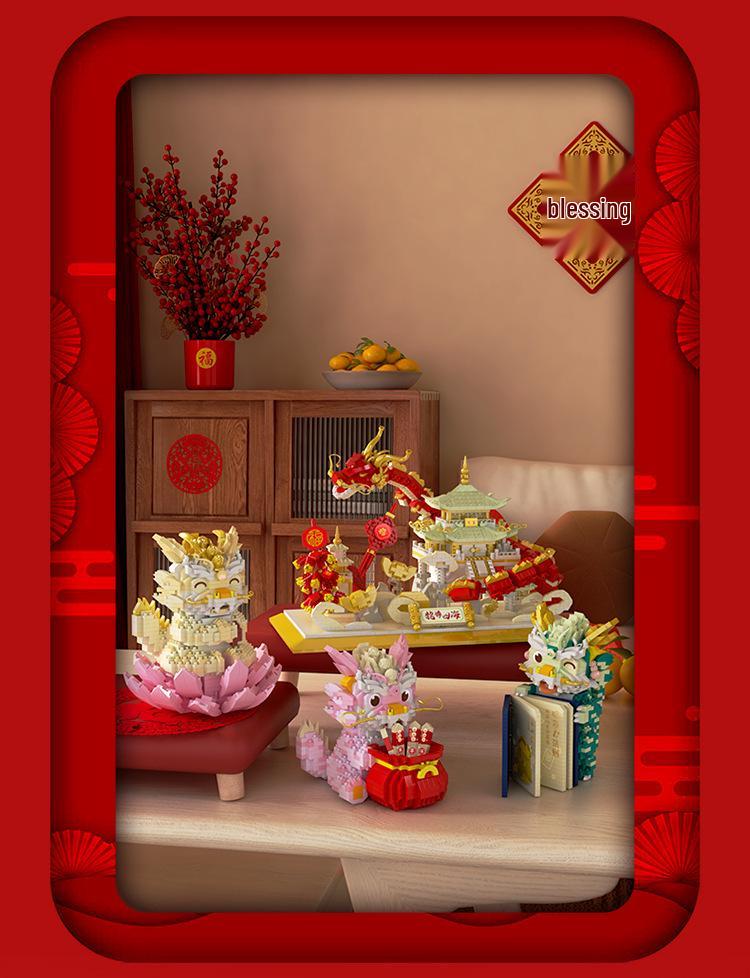 Year of the Dragon Micro-Particle Building Blocks: Auspicious Lion & Dragon Set - Spring Festival Gift