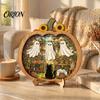 Cute Ghost Reading Figurines Halloween Wooden Tabletop Ornament, 2D Flat Bathing Harvest Season Room Decor Watering Plaque with Stand for Home Shelf,