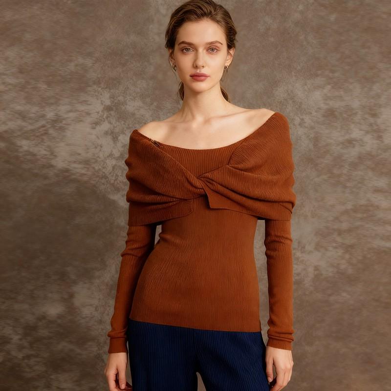 Womens Relaxed Fit Knit Sweater With Off-Shoulder Twist Detail Solid Color Cotton-Poly Blend Long Sleeve Slim 2026